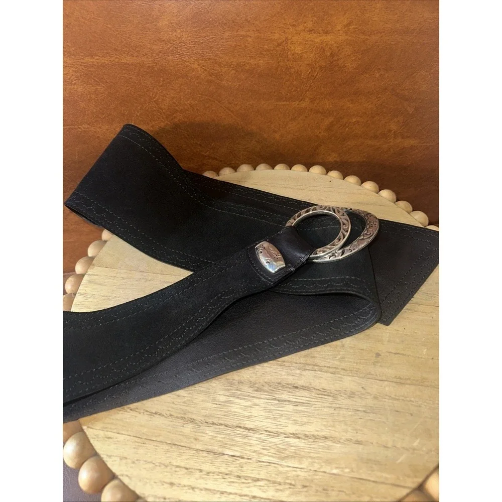 BRIGHTON women's soft black suede leather wide belt Sz L